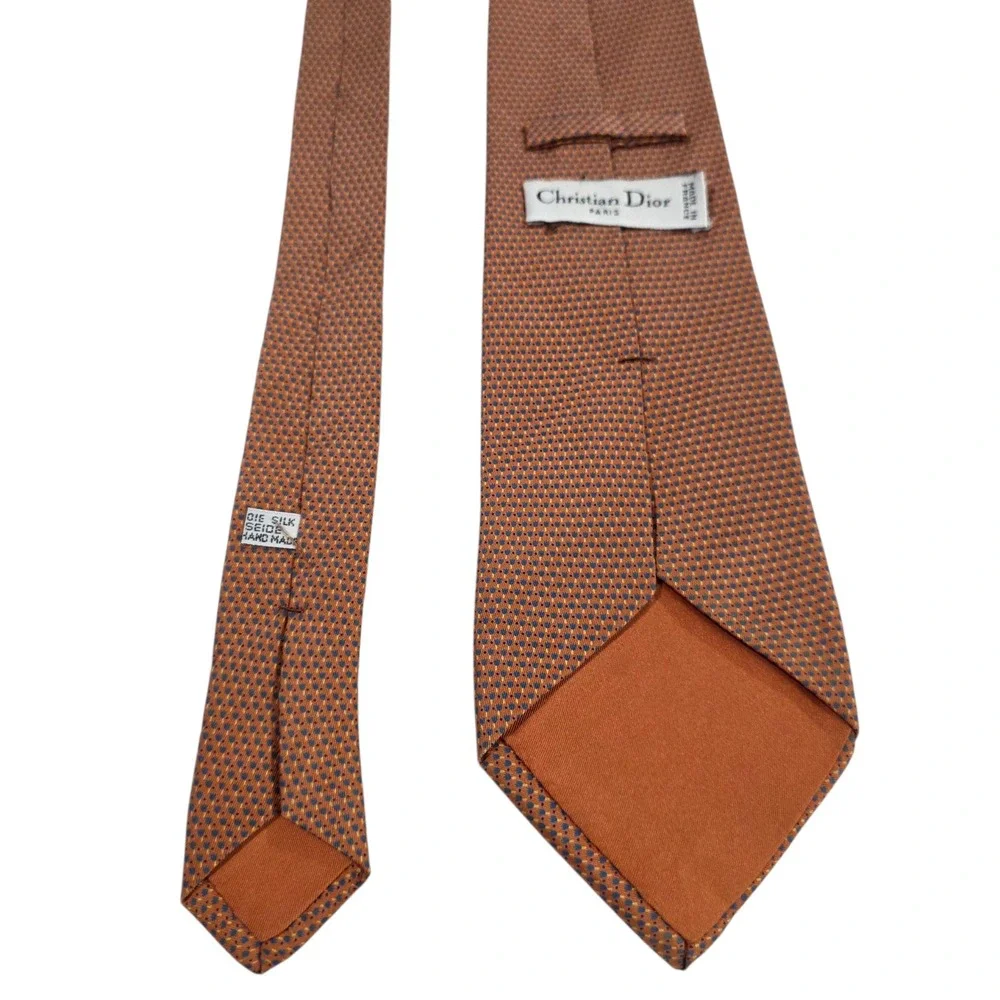 Christian Dior Men Necktie Orange Micro Dot Silk Handmade Floral Designer Formal